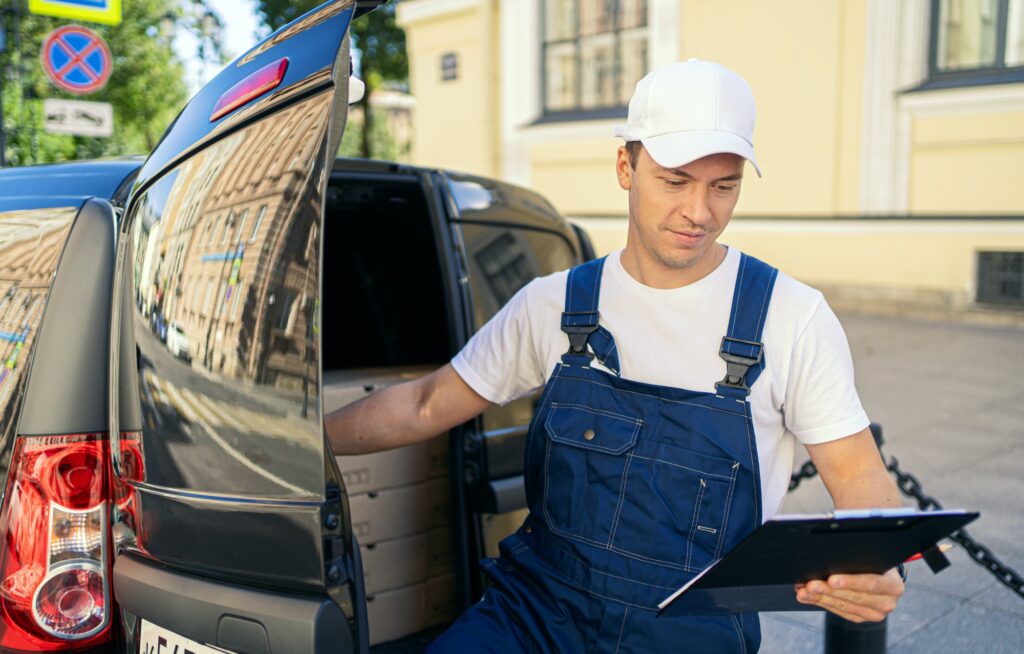 young guy working in a courier company, dressed in a branded uniform, delivering